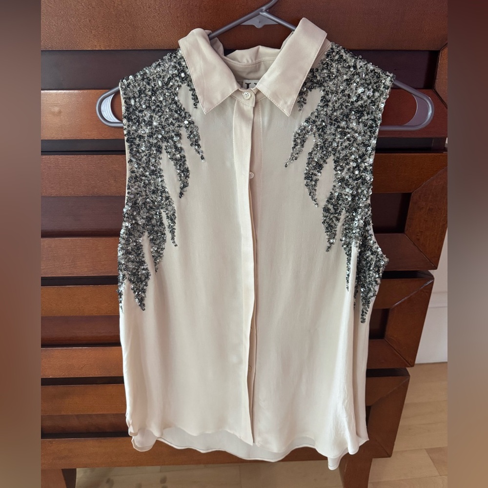 Haute Hippie Silk Cream and Silver Sequin Blouse